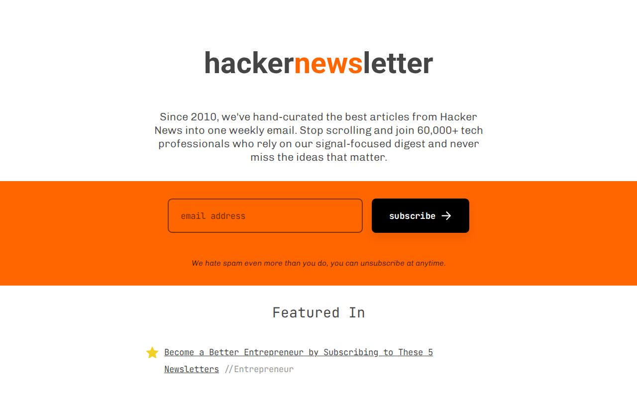 Screenshot of Hacker Newsletter